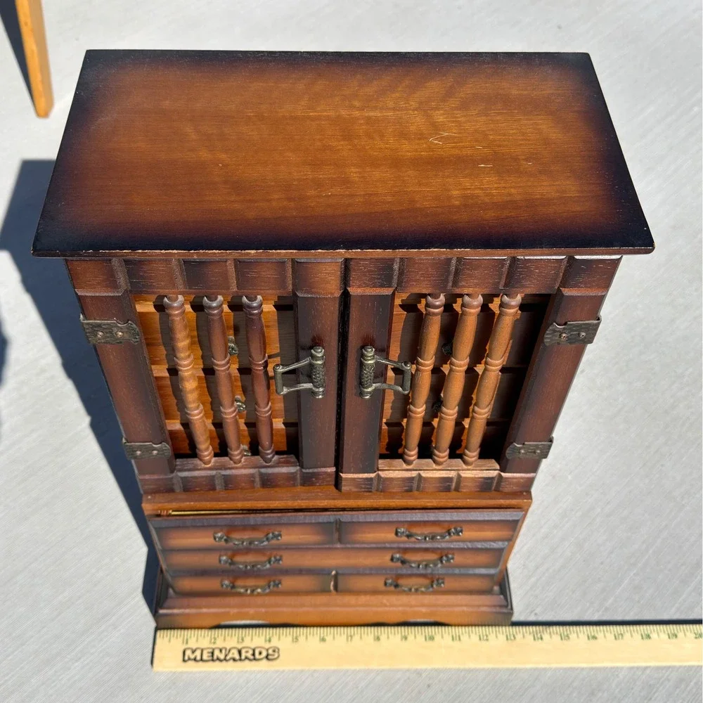 Vintage Made in Japan Wood Jewelry Armoire Spindle Door Tabletop Chest 11 Drawer